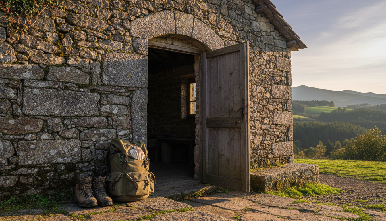 Vieux gîte en pierre sur le Chemin dans la lumière chaude du soir, devant des chaussures de marche et un sac à dos avec une coquille Saint-Jacques